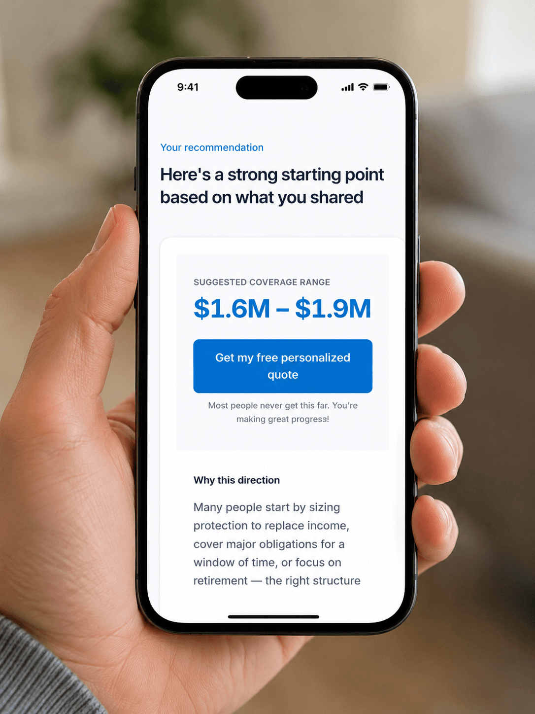 Phone screen showing a personalized life insurance coverage recommendation